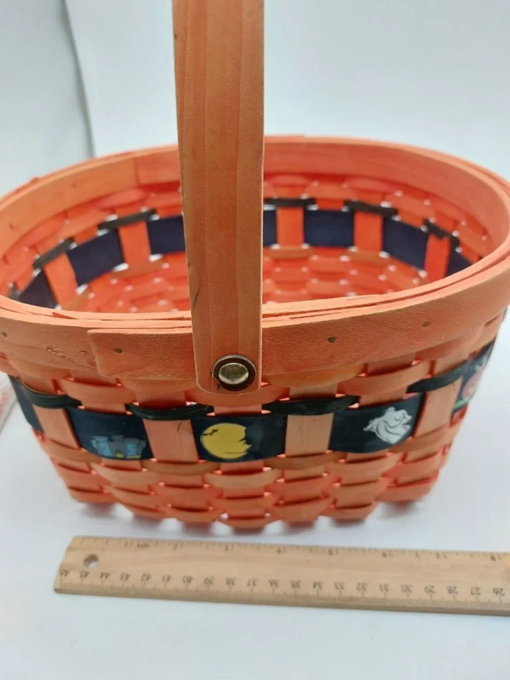 Halloween Basket Tan Brown Handle Black Ban Cat Ghost 5.5
